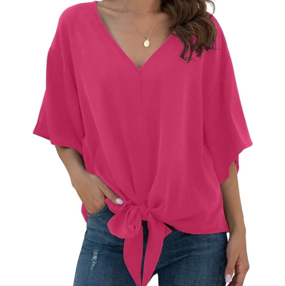 Womens Tie Front Chiffon Blouses V Neck Batwing Short Sleeve Top - Picture 1 of 6